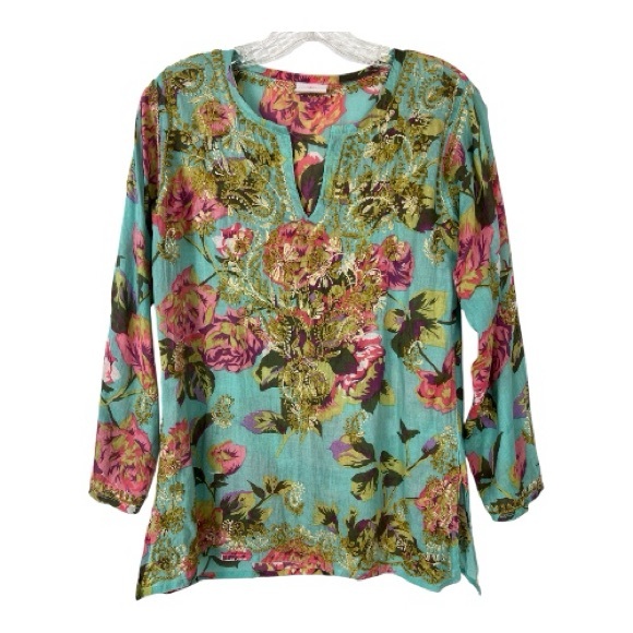 Indika Tops - Indika Embroidered Tunic Top Floral V Neck Long Sleeve Light Teal Boho